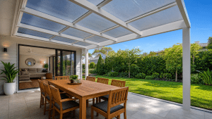patio installed over with a dining table below and a lawn view